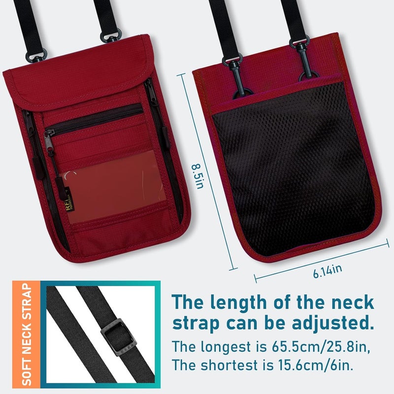 Sundee Travel Neck Wallet with Double Zippers, RFID Blocking Passport Holder with Adjustable Neck Strap for Men and Women to Keep Cash, Credit Cards and Travel Documents Safe - Red - Image 5